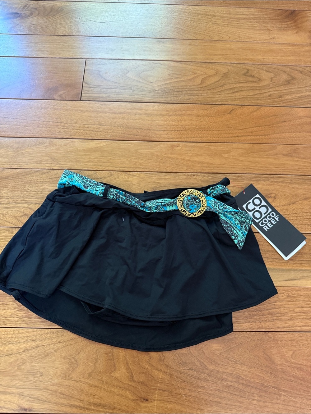 Coco Reef Black Swim Skirt with Teal Printed Belt and Gold Buckle
